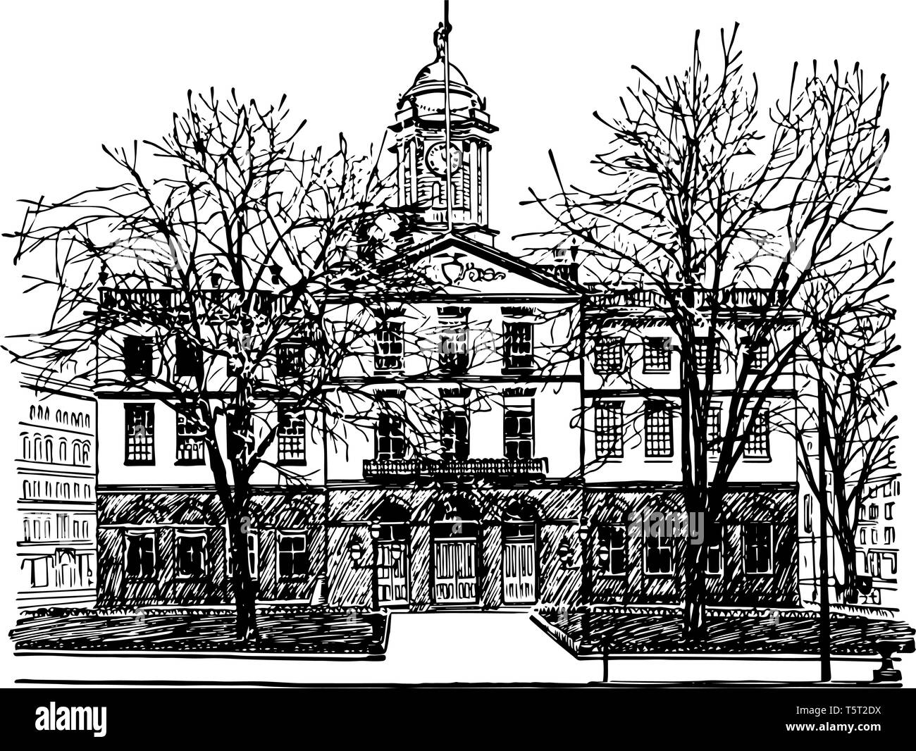 Old state house in Hartford designed by American architect Charles Bulfinch in 1796 vintage line drawing. Stock Vector