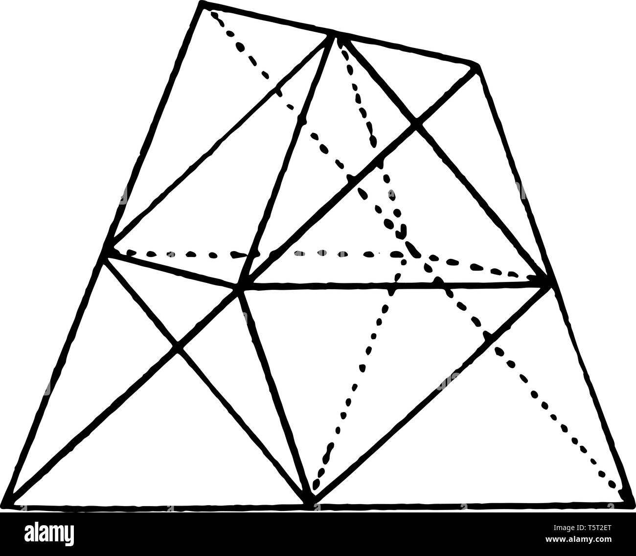 The tetrahedron octahedron shows is also known as a triangular pyramid. Not a polygon composed of four triangular faces, vintage line drawing or engra Stock Vector
