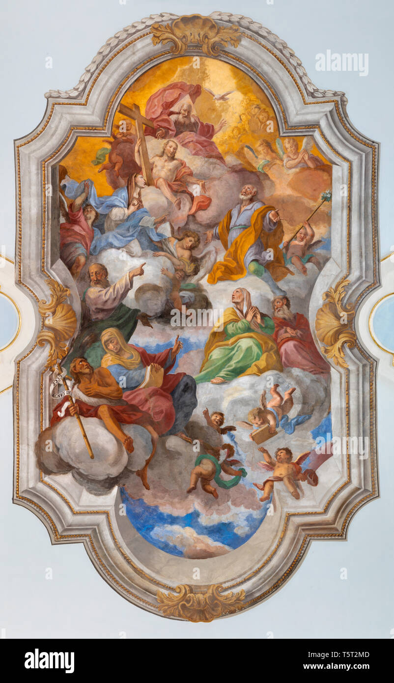 CATANIA, ITALY - APRIL 8, 2018: The ceiling fresco of Apotheosis of St. Joseph in church Chiesa di San Giuseppe in Transito by Olivio Sozzi (1754). Stock Photo