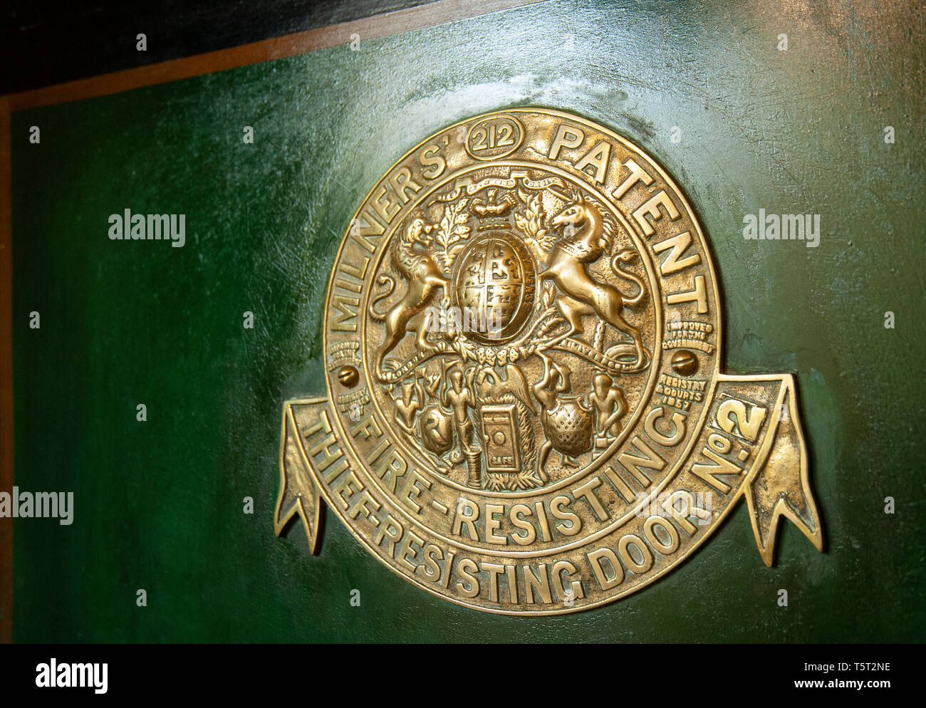 Makers patent seal on a Milners' safe door in Anglesey Abbey, Lode