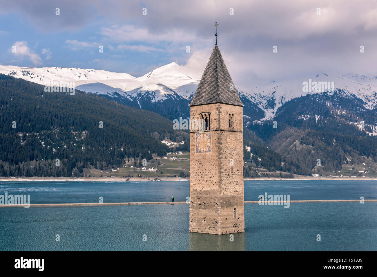 Curchtower of Curon Vionosta in Lake Reschen, Vinschgau, South Tyrol, Italy Stock Photo