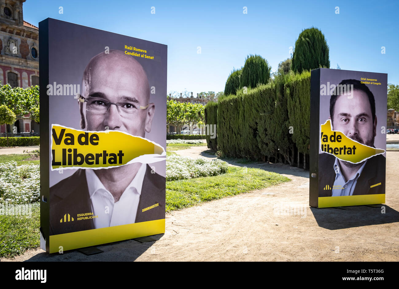 Portraits of Raul Romeva and Oriol Junqueras both politicians in prison seen during the electoral campaign. The political formation Esquerra Republicana (ERC) reaffirms its candidacy on the last day of the electoral campaign. The Spaniards are summoned to the polls on April 28, where the most voted party will allow its leader to form a government. The ERC's sovereign candidates, Joan Josep Nuet, Elisenda Alamany, Carolina Telechea and Joan Ignasi Elena reaffirmed the need to promote the independence vote to ensure a referendum in Catalonia. Stock Photo