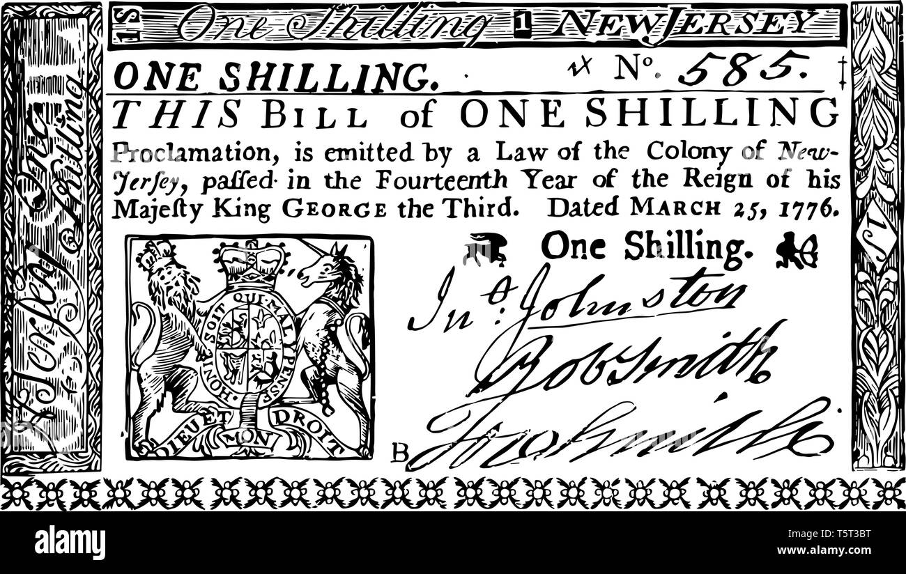 It is One Shilling Bill New Jersey currency from 1776. This is the portrait of the coat of arms of Great Britain in the upper part of the bill, vintag Stock Vector