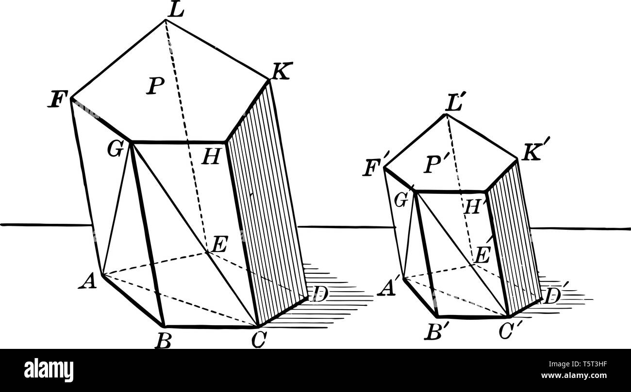 Two similar polyhedrons can be decomposed into the same number of similar tetrahedrons, each for each, and placed in a similar way, vintage line drawi Stock Vector