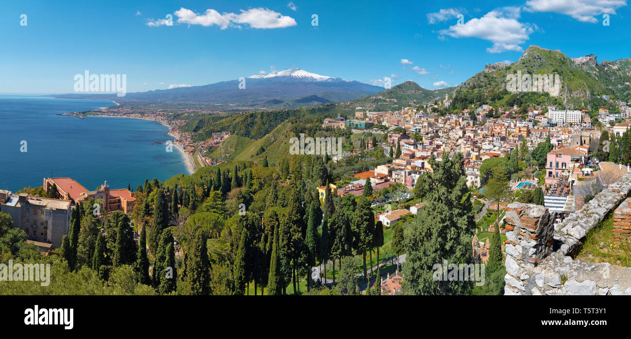Taormina and Mt. Etna volcano in the bacground - Sicily. Stock Photo