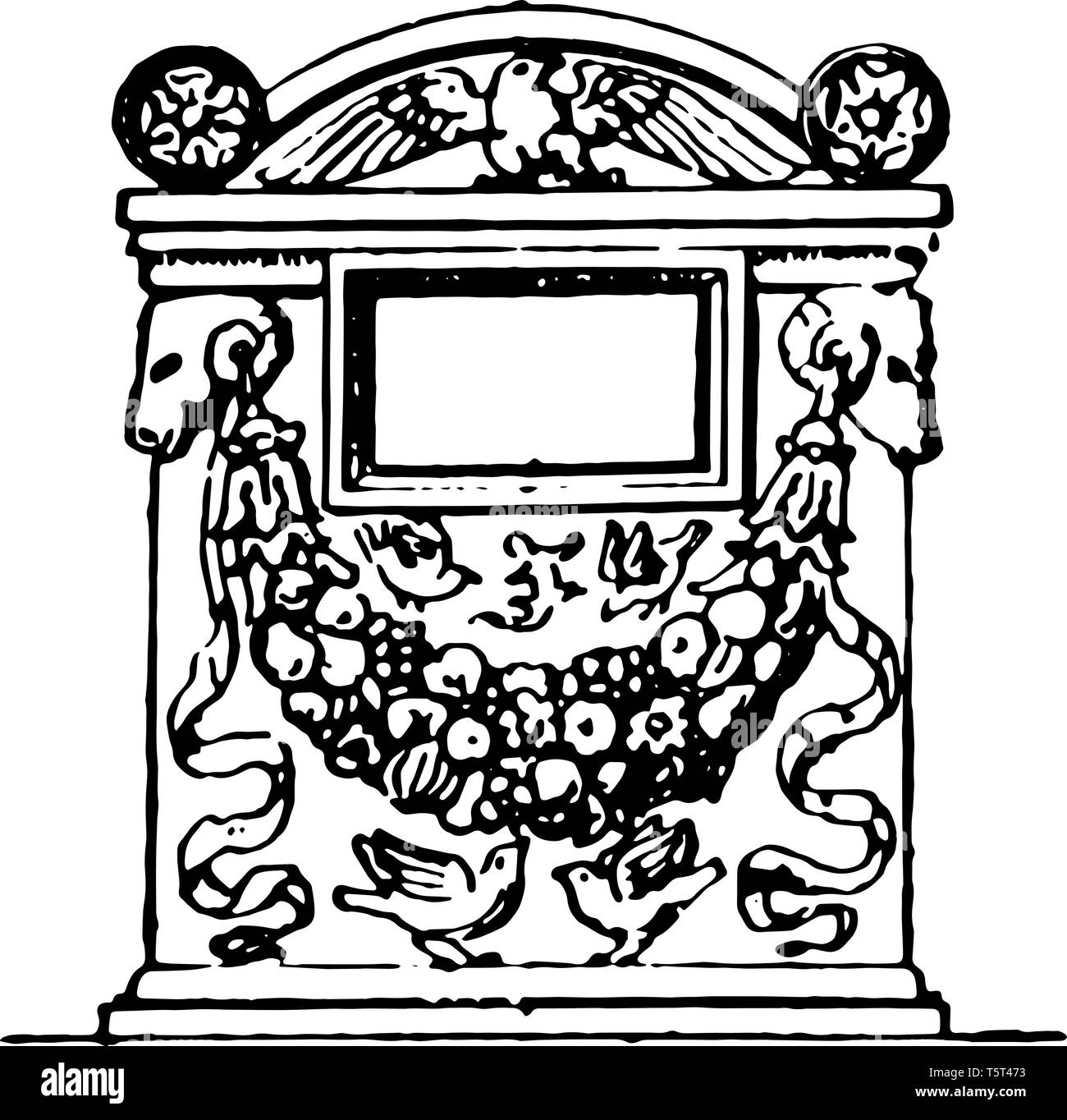 This image shows the cinerary urn in the British Museum. This is decorated with the design of the birds, vintage line drawing or engraving illustratio Stock Vector