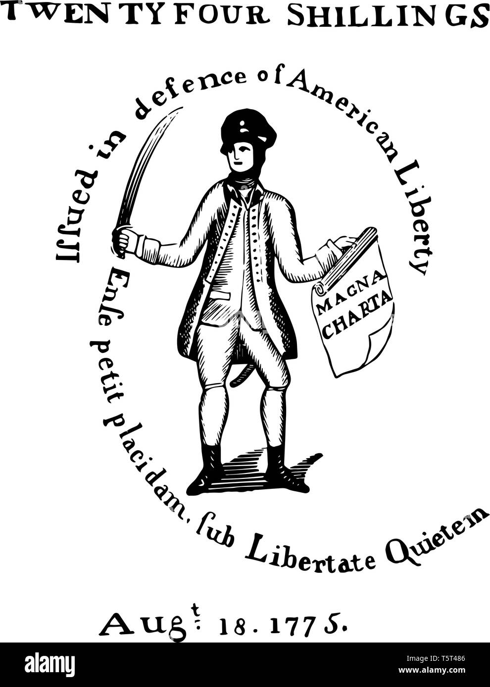 A Picture of Reverse of a Massachusetts Treasury note. In 1690, the first paper issued money, which was called colonial notes, vintage line drawing or Stock Vector