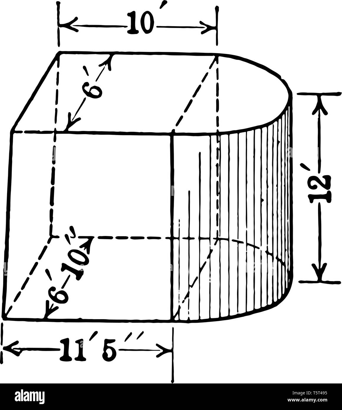 A diagram of a composite figure formed by a truncated trunk and half a cylinder. The edges of