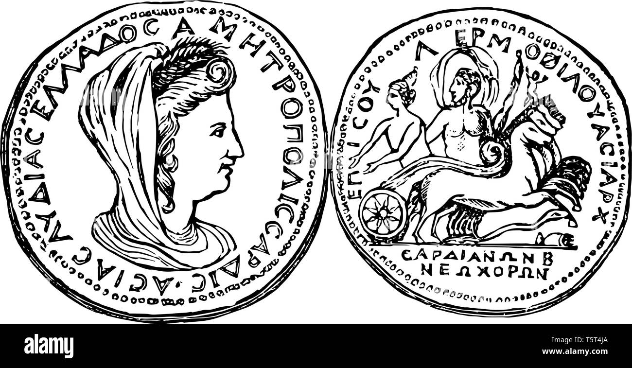 This image shows the front and back sides of the coin. This is the Sardis Medal. One face shows the portrait of Proserpina and the other shows Pluto,  Stock Vector