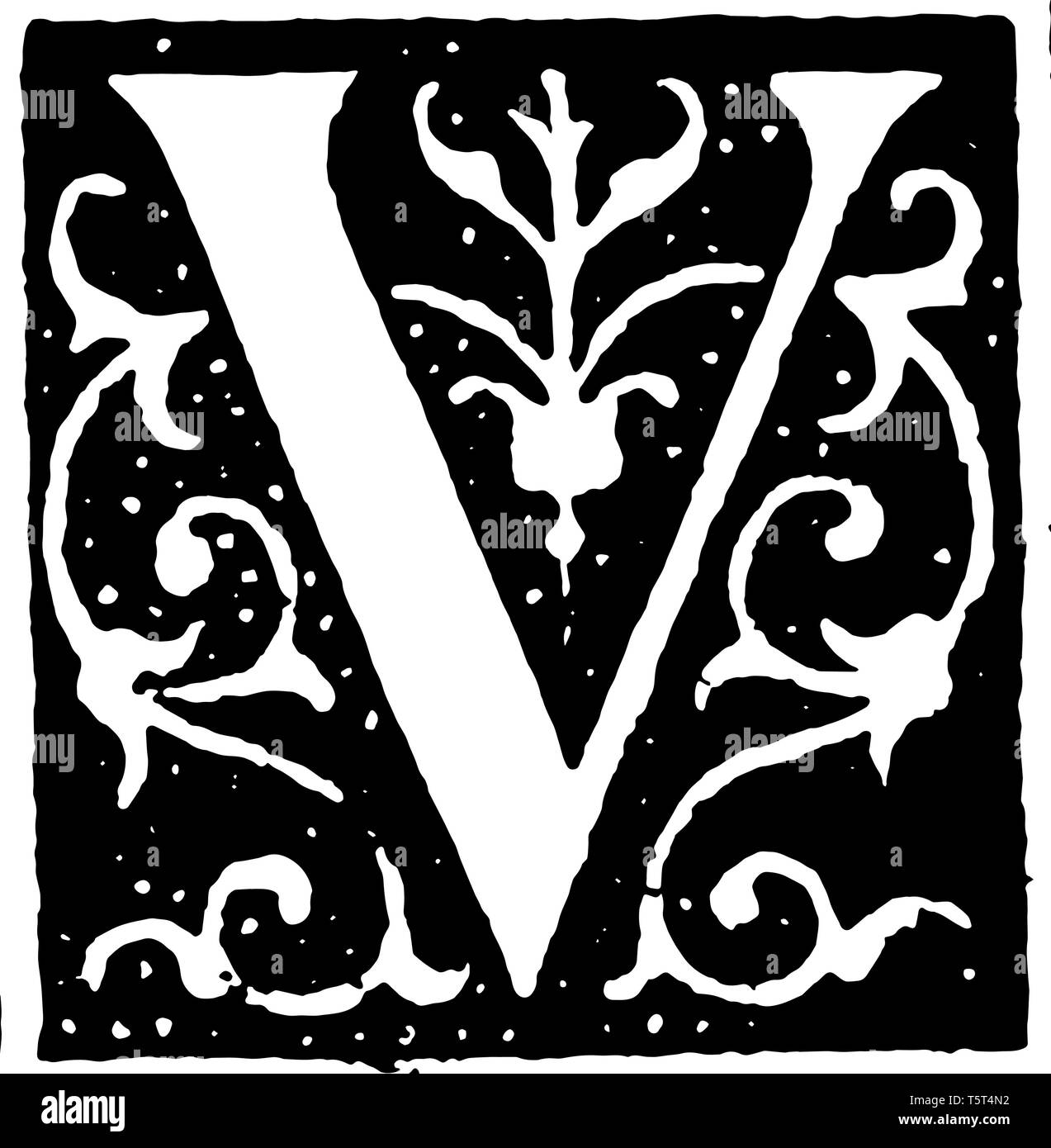 A picture of a decorative letter V with ornate initial, vintage line drawing or engraving illustration. Stock Vector