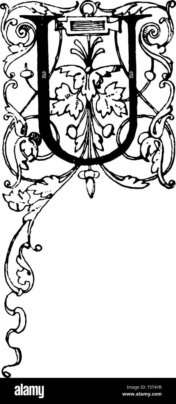 A picture of a decorative letter U with ornate vines, vintage line ...