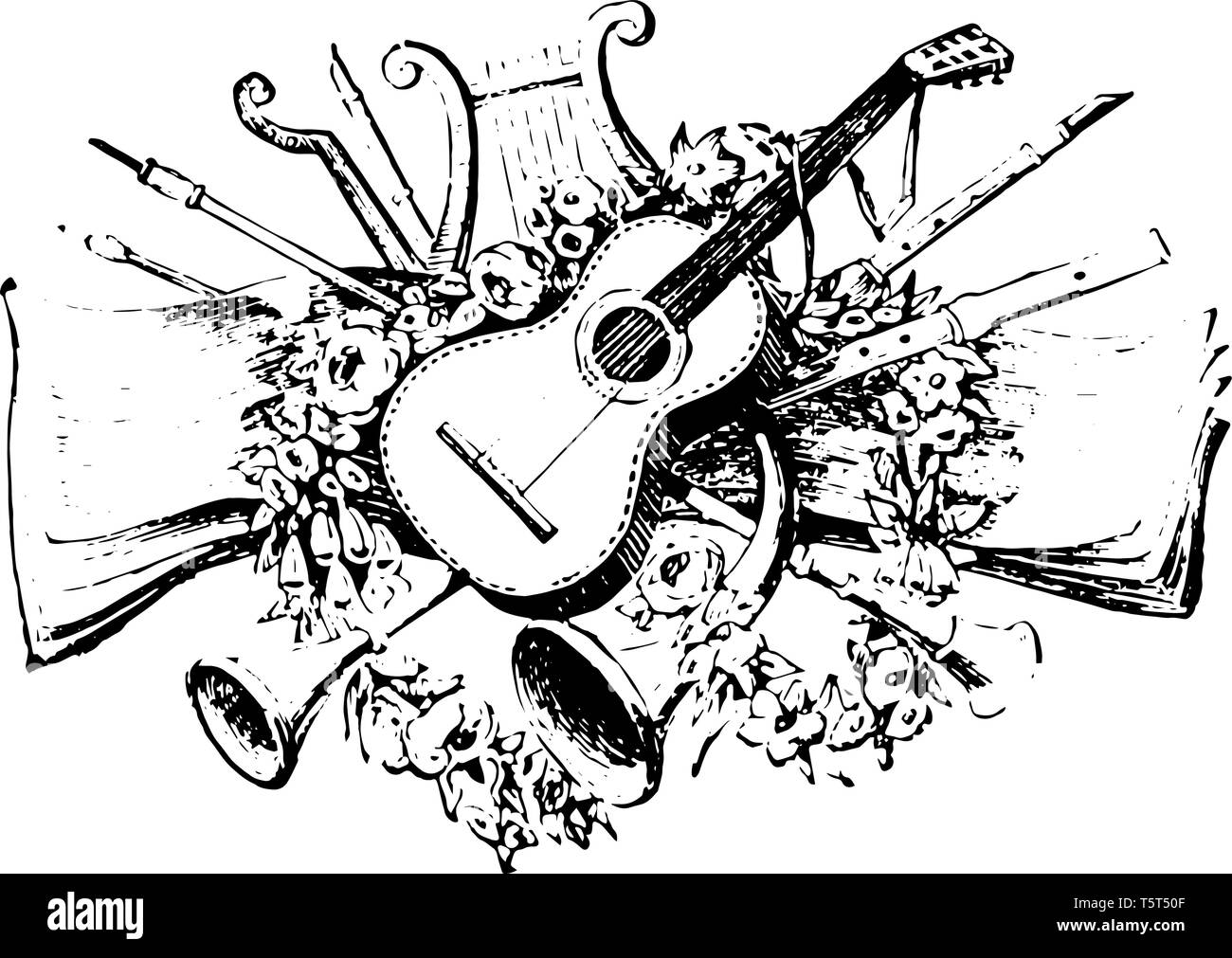 Instrument grouping is a grouping of musical instruments including a guitar, vintage line drawing or engraving illustration. Stock Vector