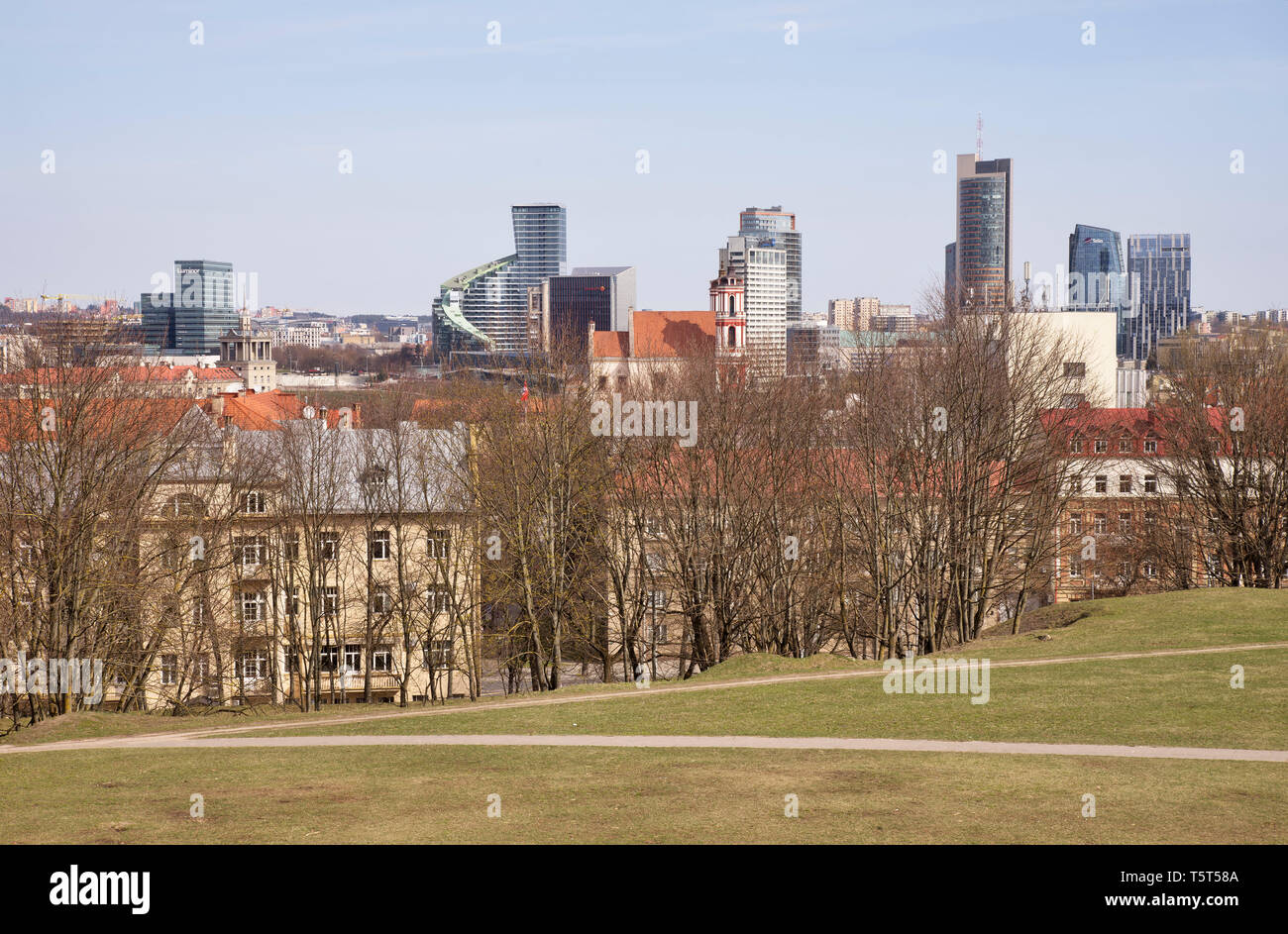 View of new city centre at Snipiskes district from Tauras hill in Vilnius. Lithuania Stock Photo