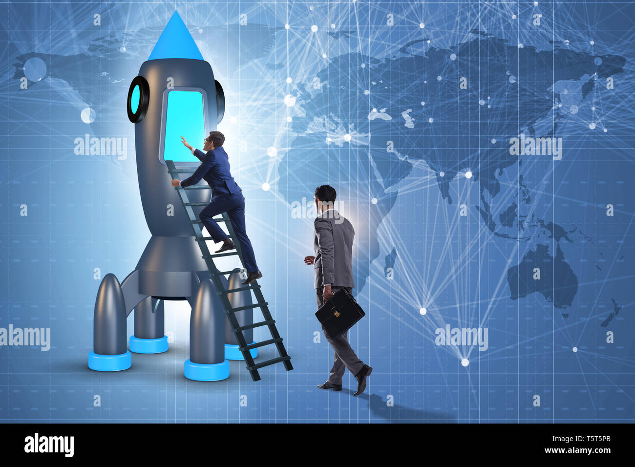 Boarding Rocketship Young businessman boarding space rocket in start-up concept Stock Photo ...