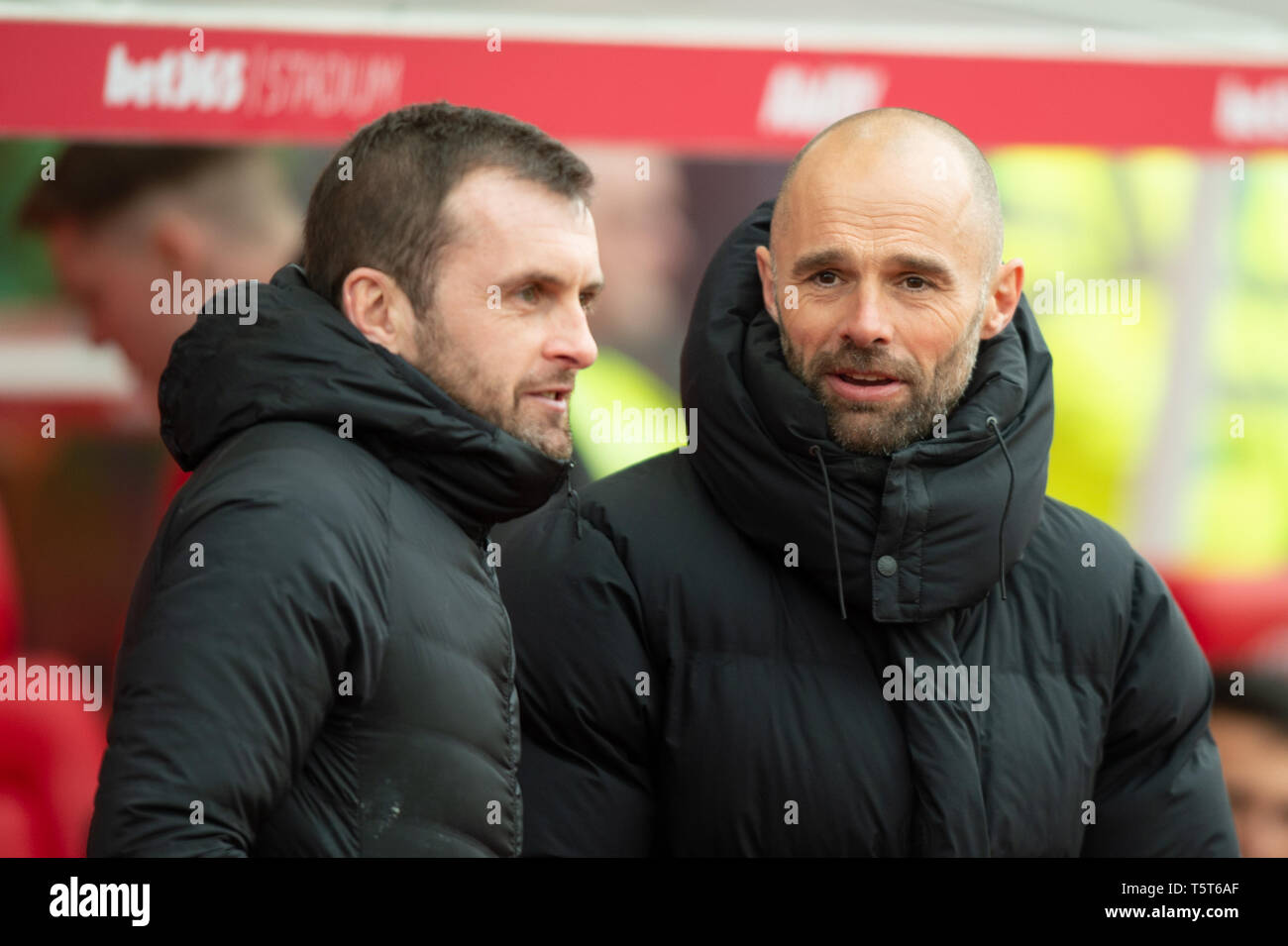 13th April 2019 , Bet 365 Stadium, Stoke-on-Trent, England; Sky Bet Championship, Stoke City vs Rotherham United ; Paul Wayne manager of Rotherham United and Nathan Jones manager of Stoke City chat before the game   Credit: Richard Long/News Images  English Football League images are subject to DataCo Licence Stock Photo