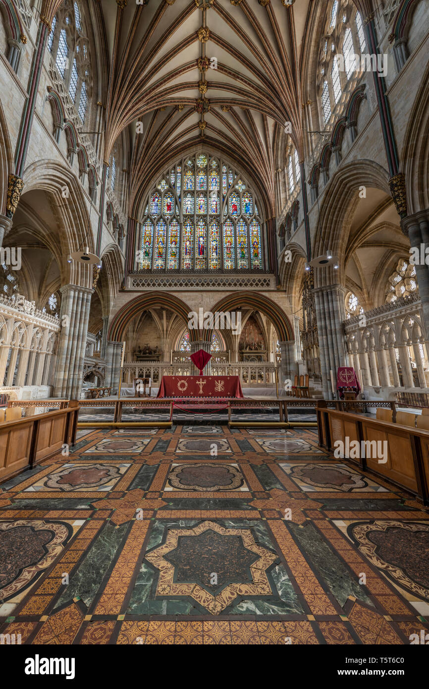 The interior of the Cathedral Church of Saint Peter, a medieval masterpiece better known as Exeter Cathedral, looking towards Lady Chapel with its imp Stock Photo