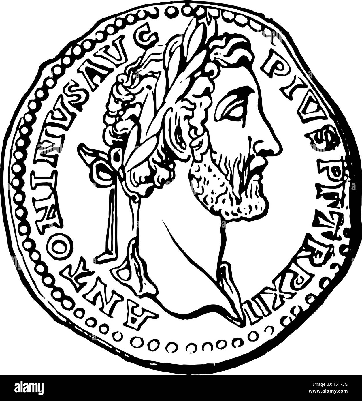 An ancient coin that has the design of a Roman emperor, vintage line drawing or engraving illustration. Stock Vector