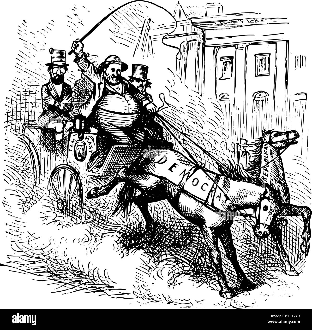 Political cartoon showing boss tweed holding on the reins of Democratic party vintage line drawing. Stock Vector
