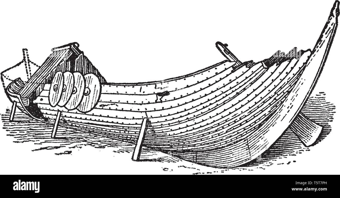 Viking boat found buried in Norway, vintage line drawing or engraving illustration. Stock Vector