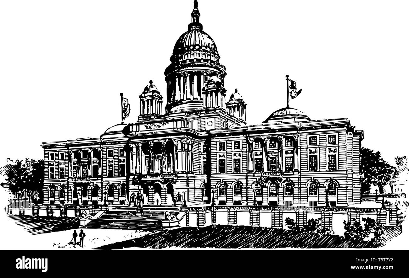 Rhode Island State House is a historic capitol buit in 1985-1904 located on the border of Downtown and Smith Hill, its dome represents the spirit of f Stock Vector