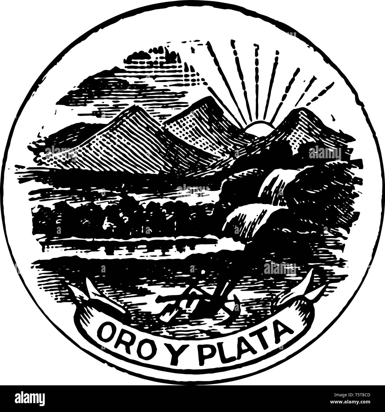 Montana seal, 1865 with motto " oro y plata" vintage line drawing Stock