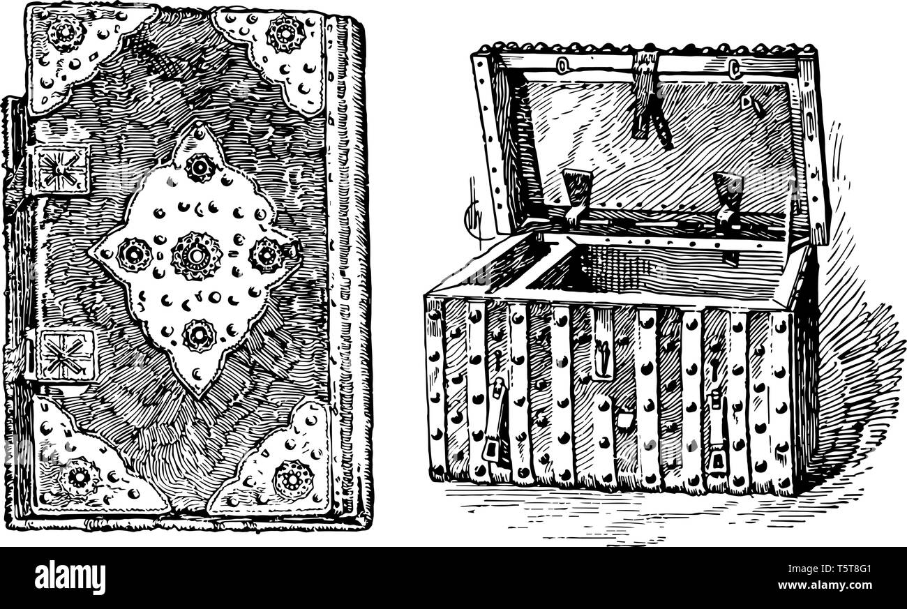 The image shows a box and a book, as well as a box made of sturdy nails. The book is very thick and old, vintage line drawing or engraving illustratio Stock Vector