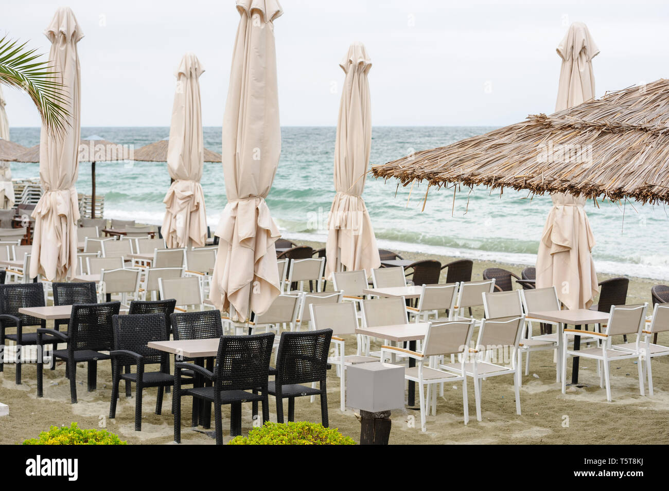 Empty beach outdoor cafe in Leptokaria, Macedonia, Greece Stock Photo