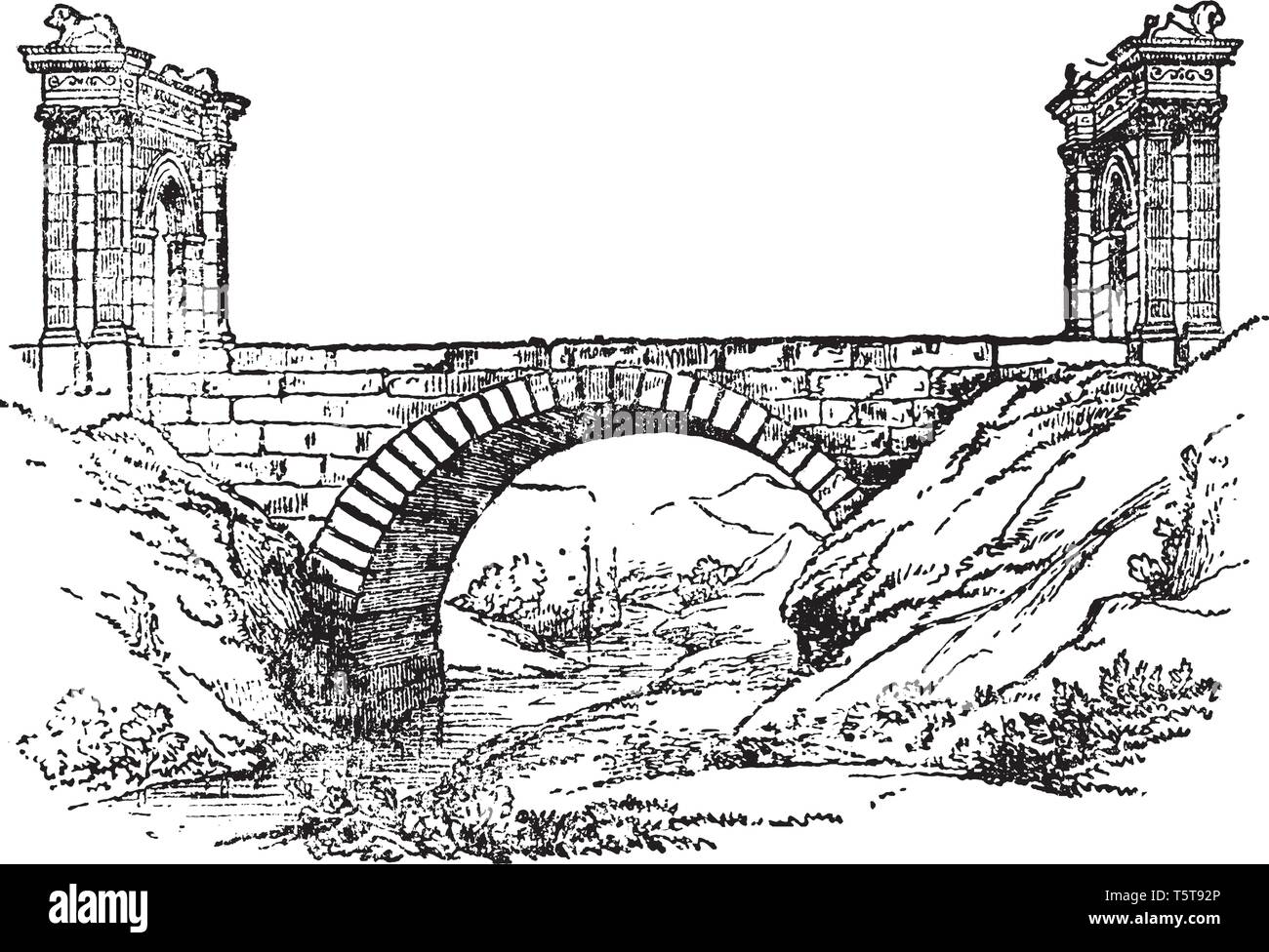 St Chamas Bridge is a commune in the department of Bouches du Rhne in the Provence Alpes Cte Azur region in southern France, vintage line drawing or e Stock Vector