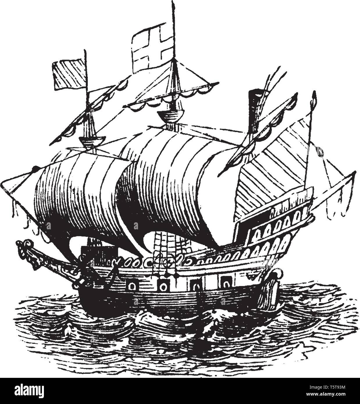 Ralegh Ship was one of thirteen ships that the Continental Congress authorized for the Continental Navy in 1775, vintage line drawing or engraving ill Stock Vector