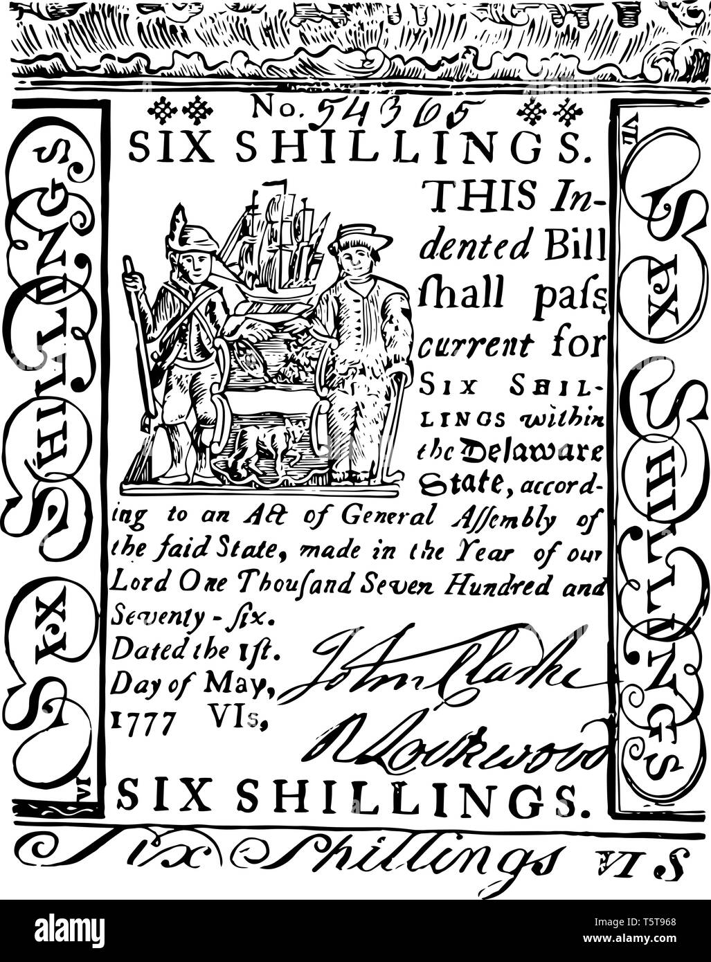 The picture showing a six shillings bill. Sailing ship on the left is in the image of ship, soldier, farmer, upper part of the bill, vintage line draw Stock Vector