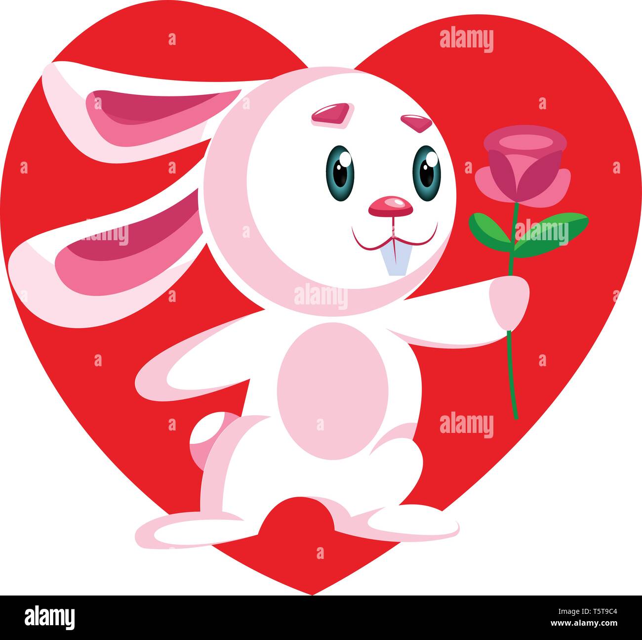Pink bunny holding a dark pink rose vector illustration in red heart on ...