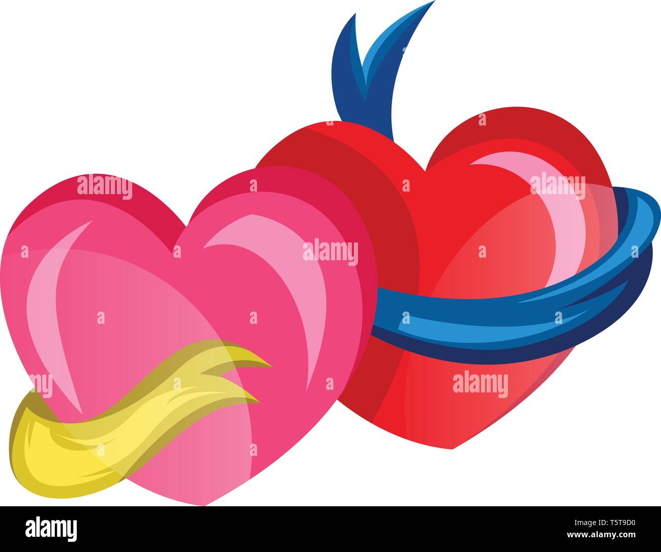 A pink heart with a yellow ribbon and a red star with a blue ribbon vector illustration on white background. Stock Vector