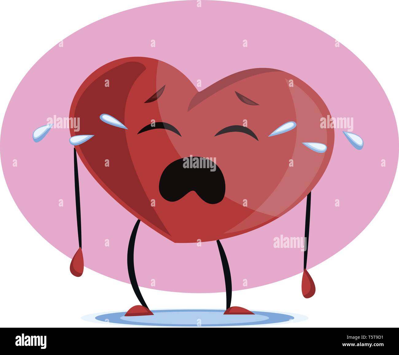 Big red heart crying vector illustration in violet circle on white background. Stock Vector