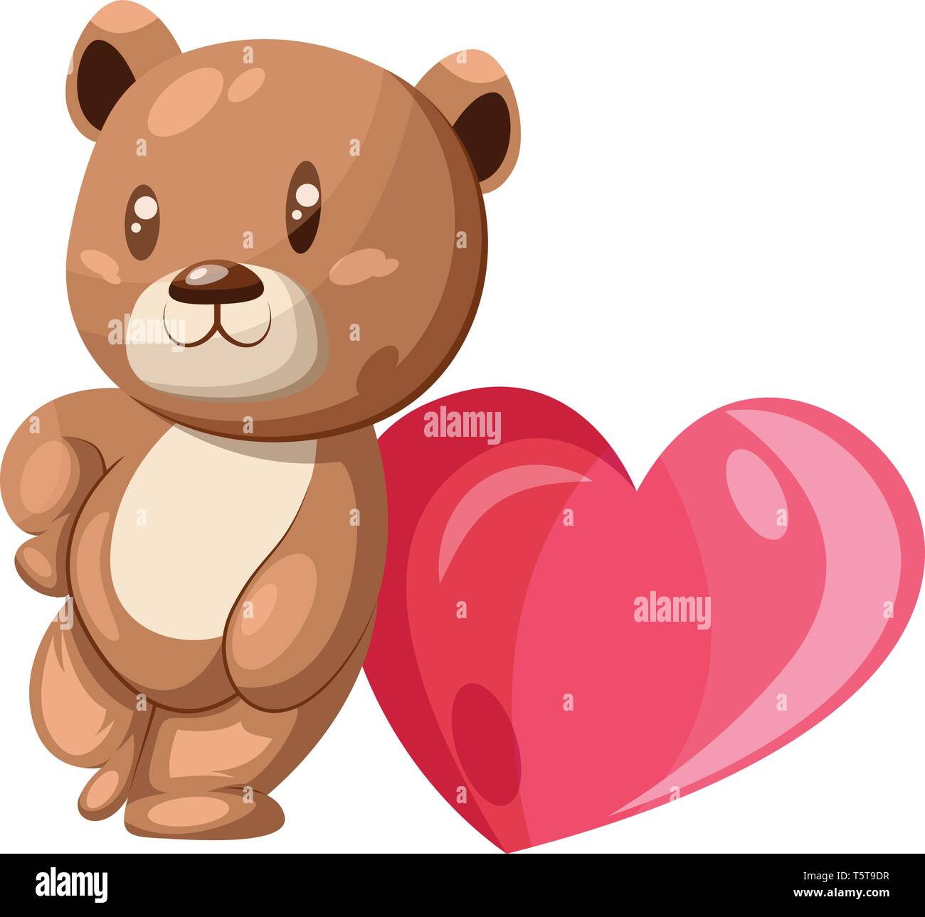 Brown and white bear leaning on a big pink heart vector illustration on white background. Stock Vector