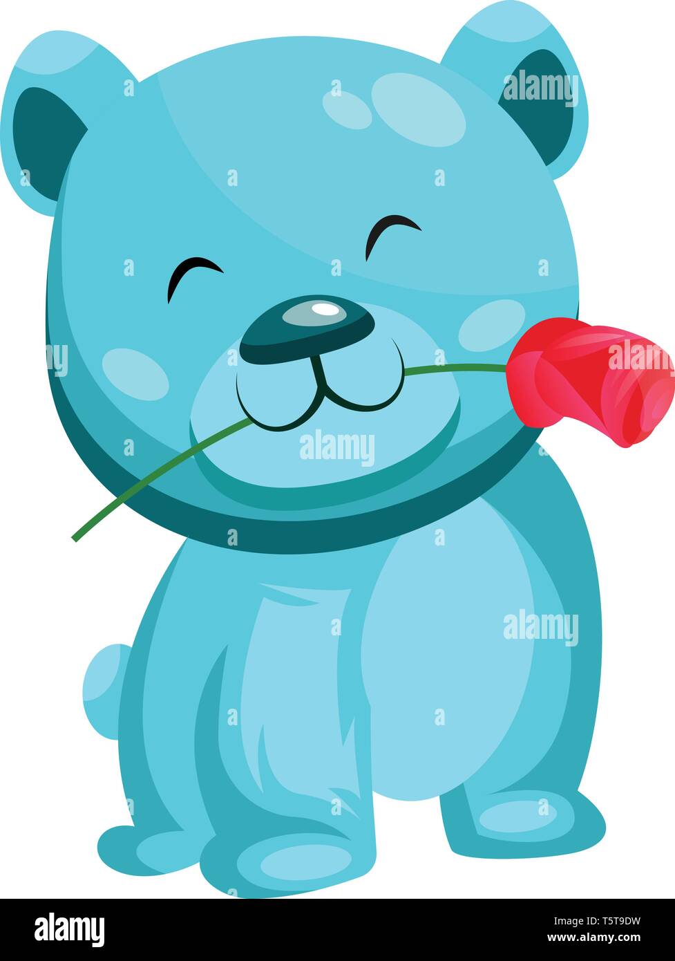 Turquoise bear holding a red rose in his mouth vector illustration on white background. Stock Vector