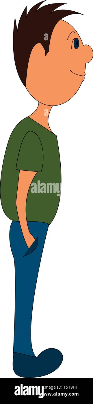 Boy with brown hair in green shirt and blue pants vector illustration ...