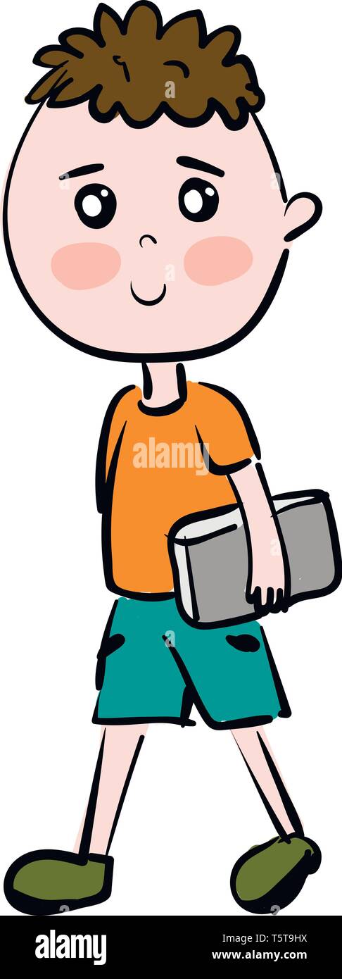 Cartoon boy with grey book vector illustration on white background ...