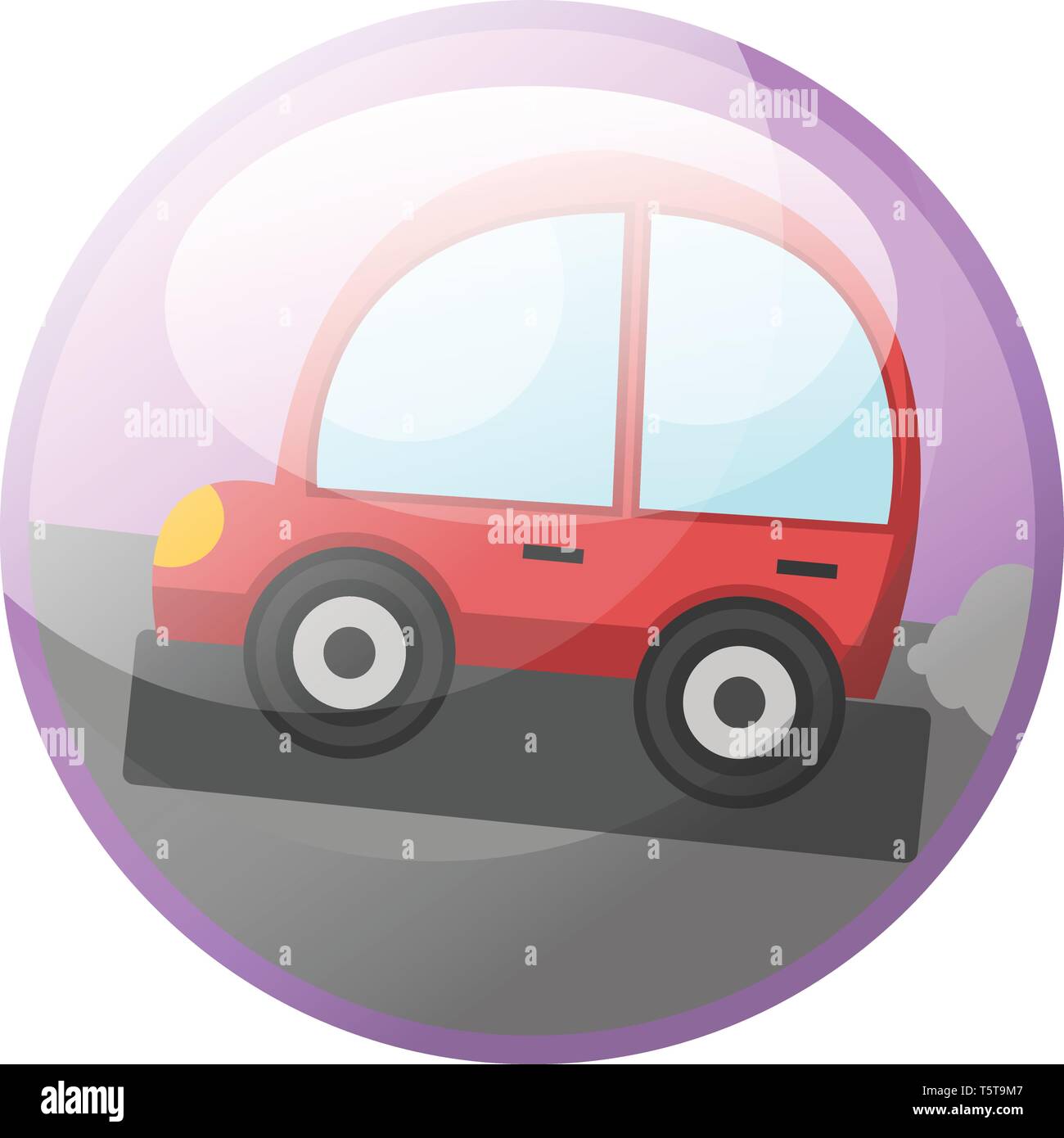 Cartoon character of a red car driving on the road vector illustration in light purple circle on white background. Stock Vector