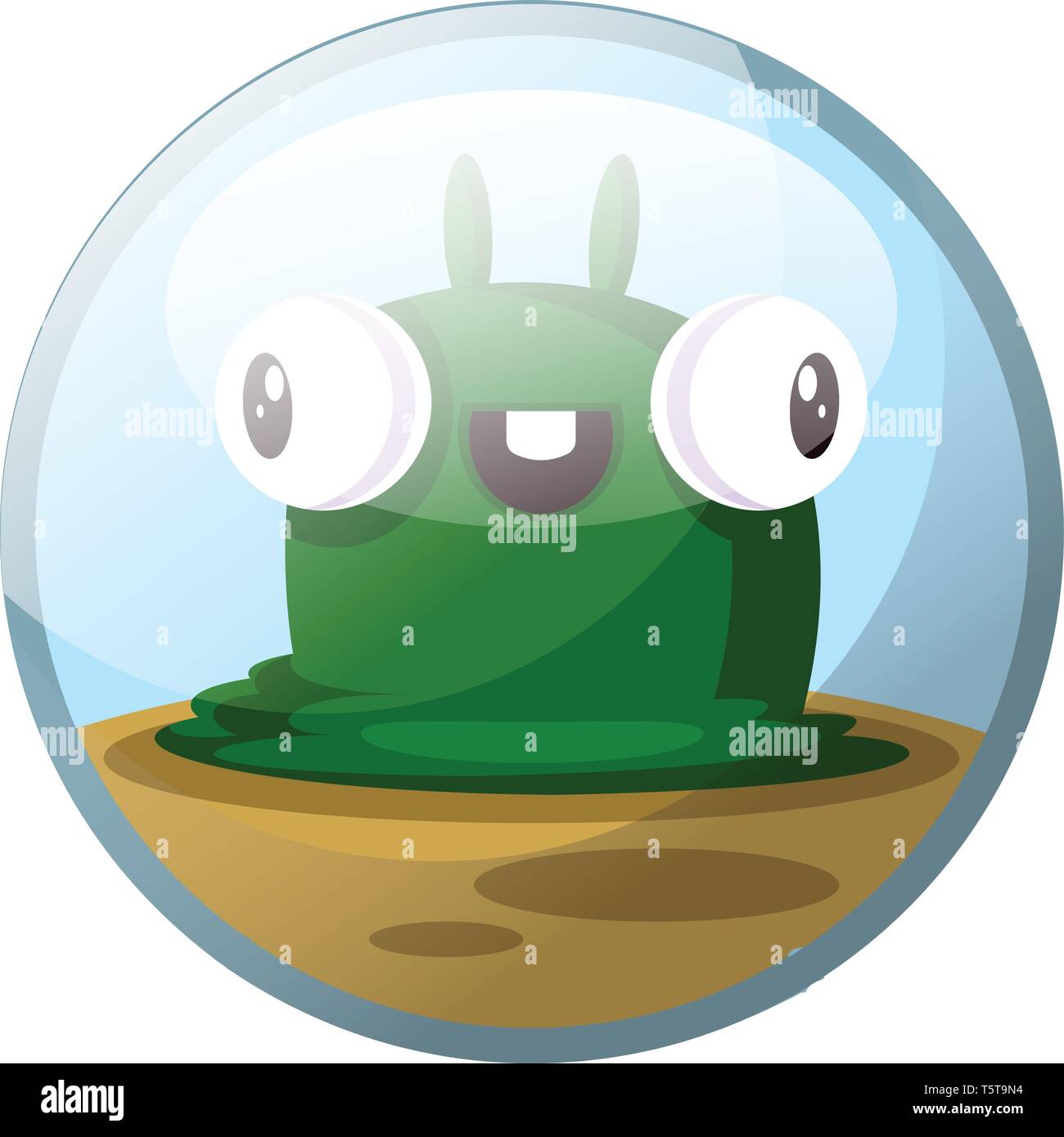 Cartoon character of a green slug monster with eyes standing out smiling and standing on brown ground vector illustration in light blue circle on whit Stock Vector