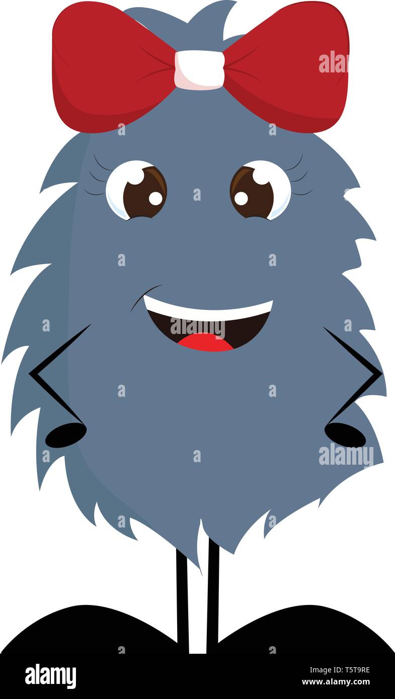 Dark grey furry smiling monster with red hair bow vector illustration on white background. Stock Vector