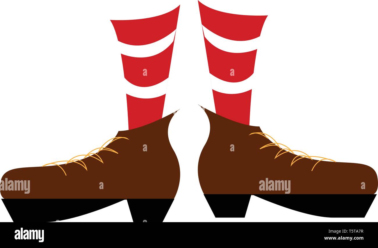 A pair of legs wearing a red and white striped socks and brown boots with yellow laces vector color drawing or illustration Stock Vector