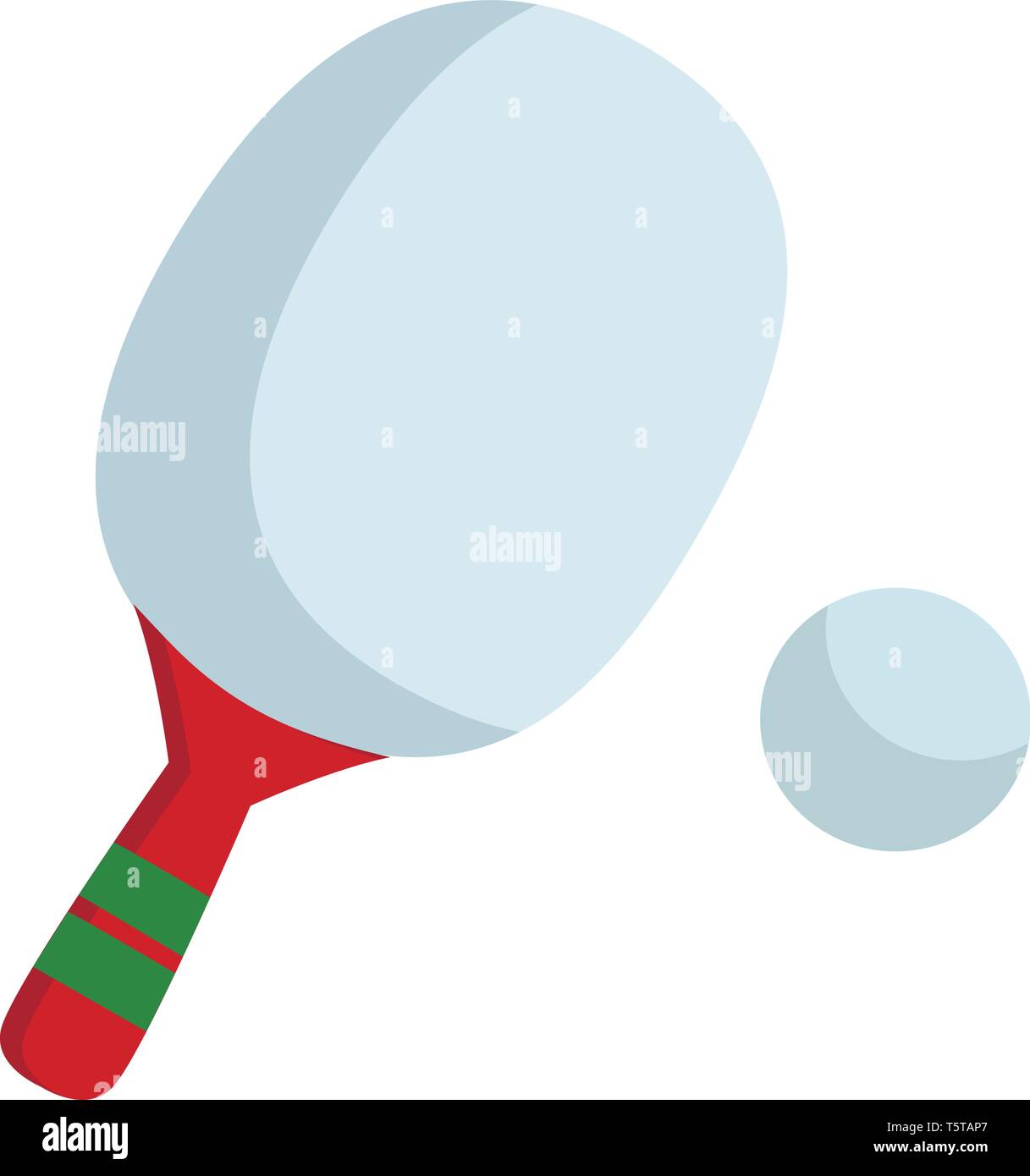 Table tennis ping pong white bat with red colored handle encompassed with two green bands and a white ball vector color drawing or illustration Stock Vector