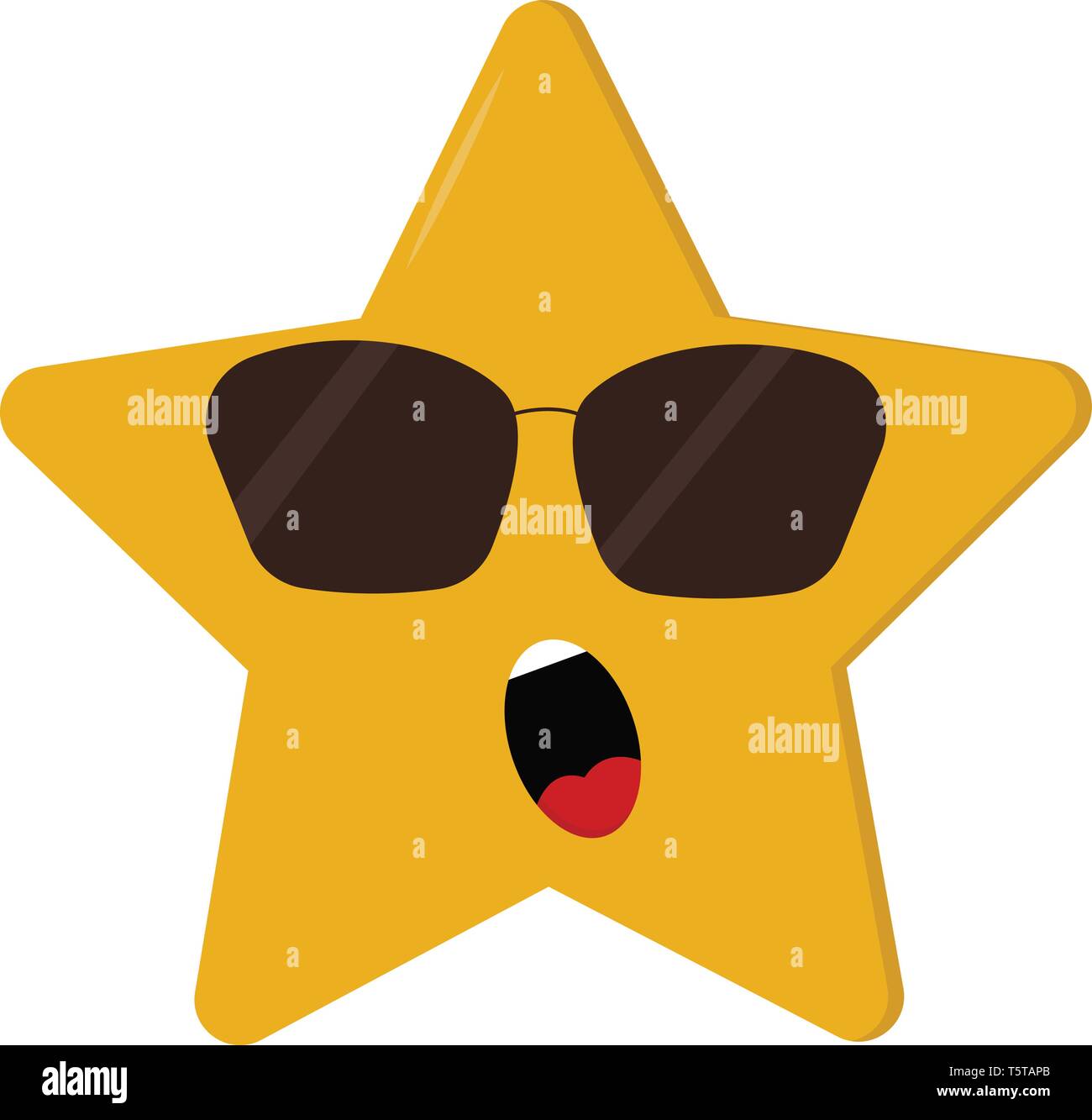 A five-pointed cartoon yellow star wears sunglasses expose white teeth and tongue while dismayed vector color drawing or illustration Stock Vector