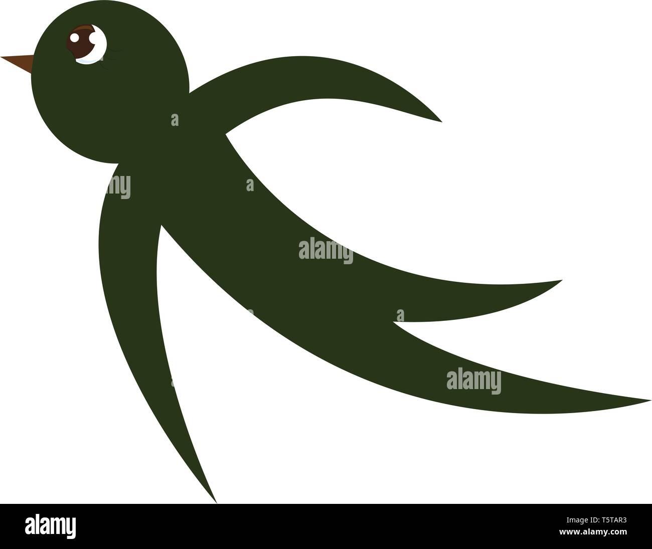 A small cartoon green-colored swallow bird with a bulging eye and a short brown bill has crescent-shaped wings at flight vector color drawing or illus Stock Vector