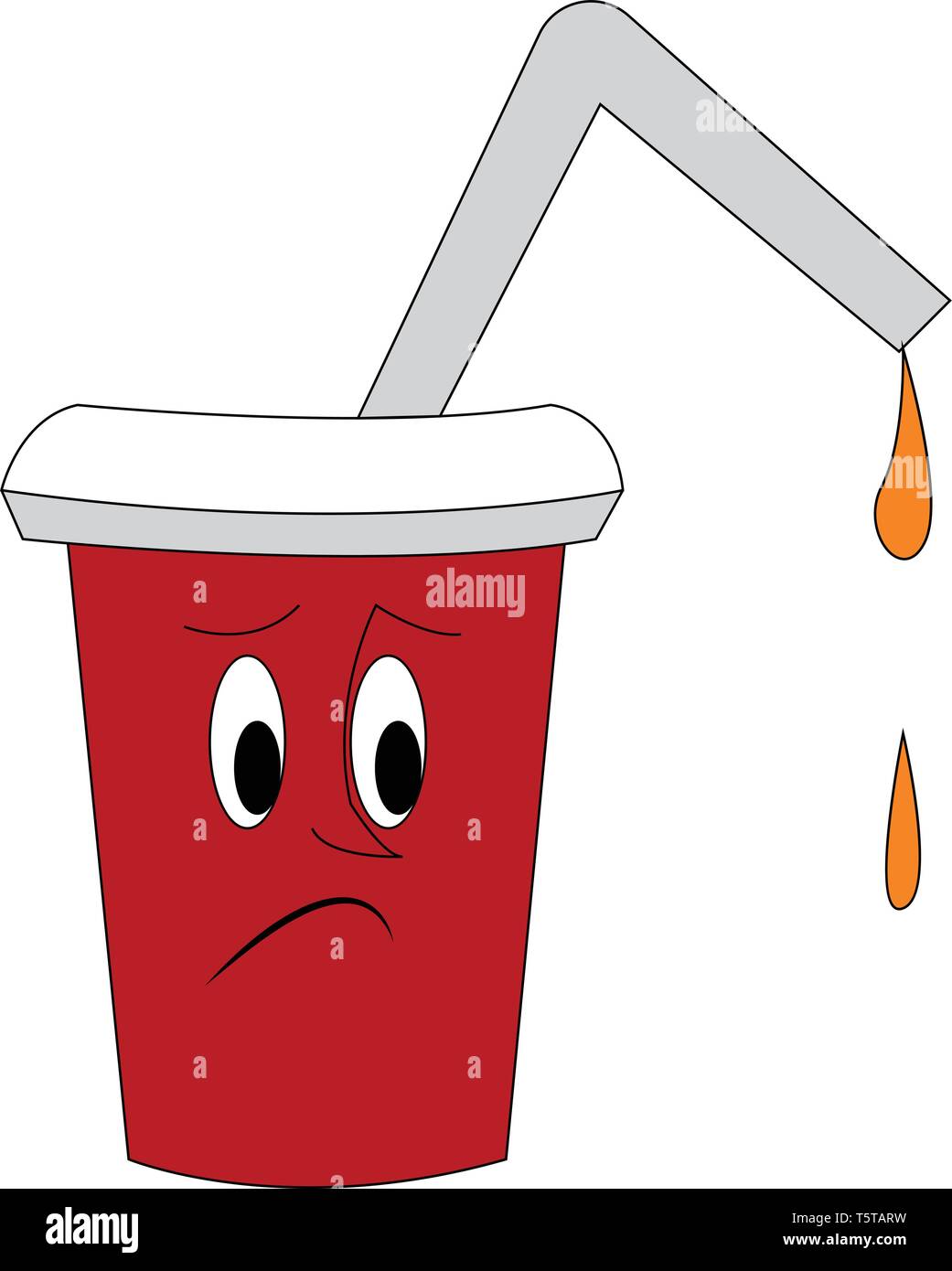 A cup of orange juice in a red-colored disposable plastic party cup with lid and straw express sadness while juice drips out of the straw vector color Stock Vector