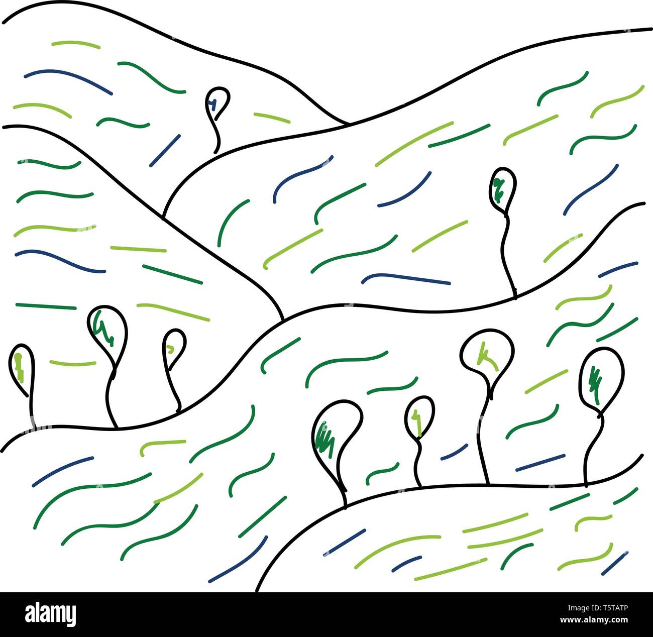 Line art of trees and mountains in different colors like black green and blue vector color drawing or illustration Stock Vector