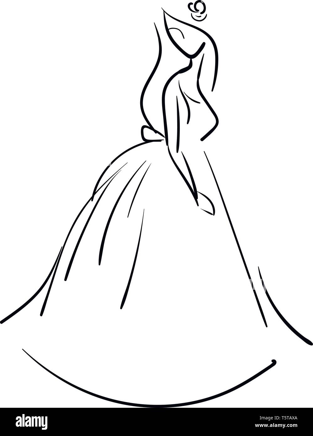 Line art of a bride with face turned left wears a long gown formfitting ...