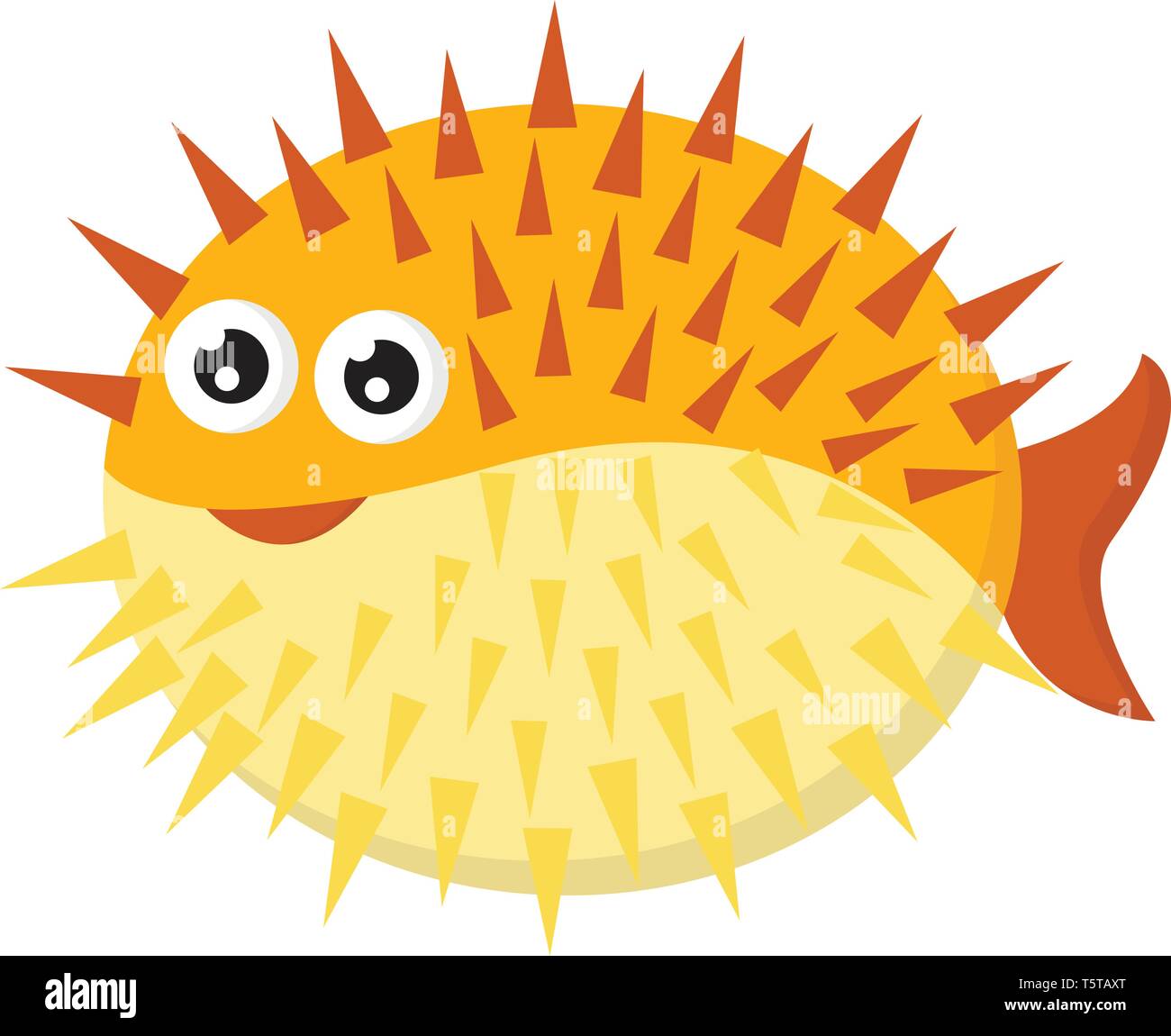 A yellow-colored cartoon hedgehog fish with long spines all over its circular-shaped body has two bulging eyes vector color drawing or illustration Stock Vector