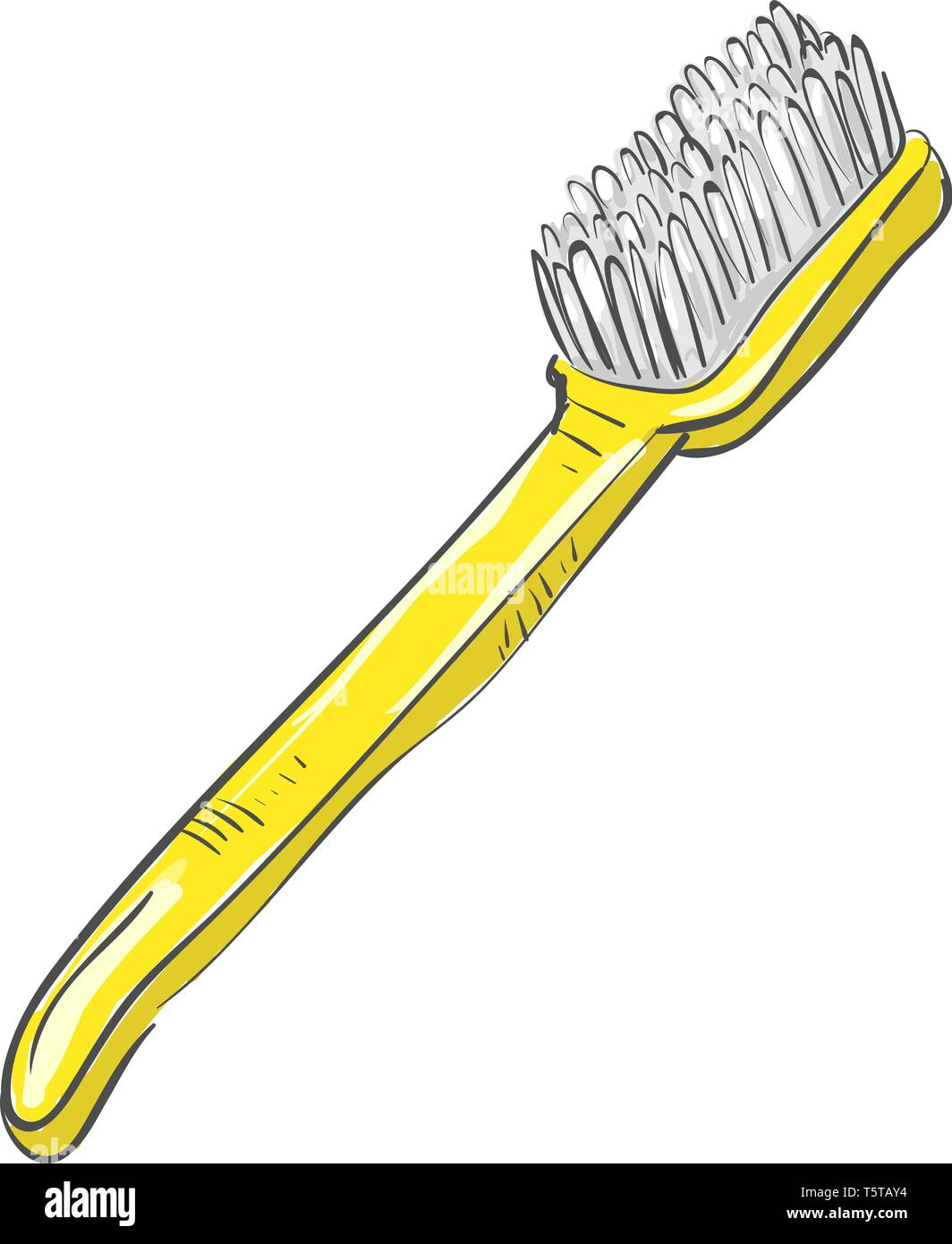 A cartoon yellow toothbrush with white bristles is ready to clean human teeth vector color