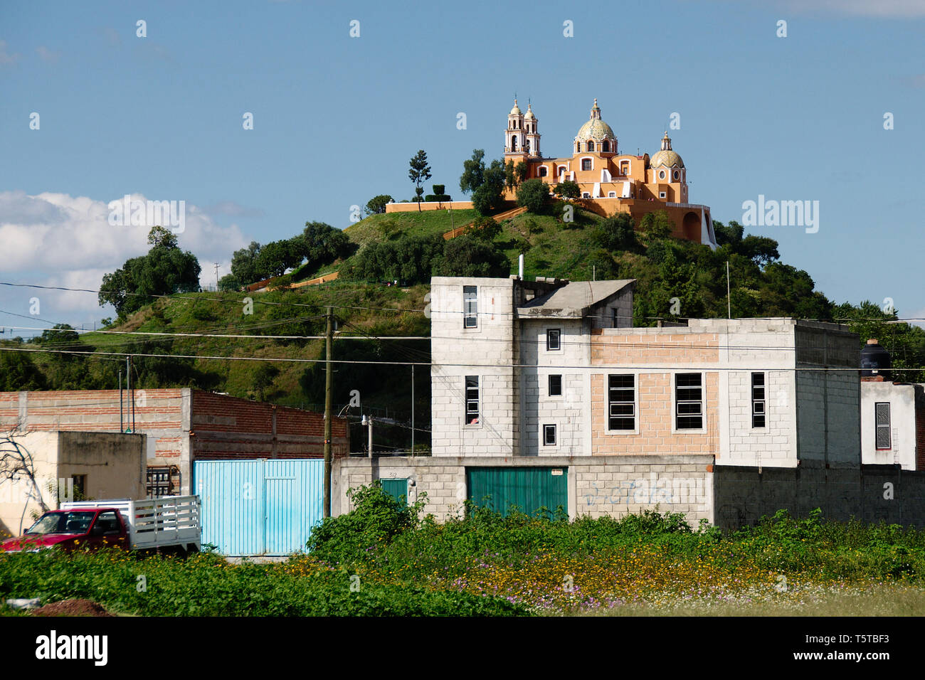 Cholula, Puebla, Mexico - 2019: Panoramic view of the Great Pyramid of Cholula, with the Nuestra Señora de los Remedios church on top. Stock Photo